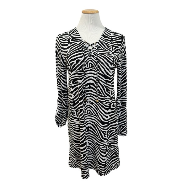 MICHAEL Michael Kors Zebra Print Lace Up V-Neck Black and White Dress - Picture 7 of 8